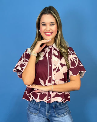 Ruby Garden Scallop Detail Floral Statement Top - All About You