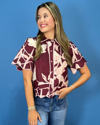 Ruby Garden Scallop Detail Floral Statement Top - All About You