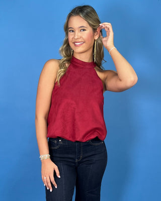 Ruby Reserve Suede High Neck Bubble Hem Halter Top - All About You