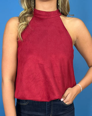 Ruby Reserve Suede High Neck Bubble Hem Halter Top - All About You