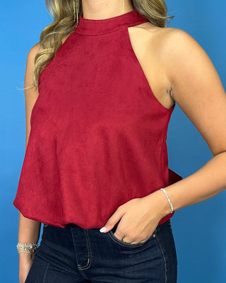 Ruby Reserve Suede High Neck Bubble Hem Halter Top - All About You