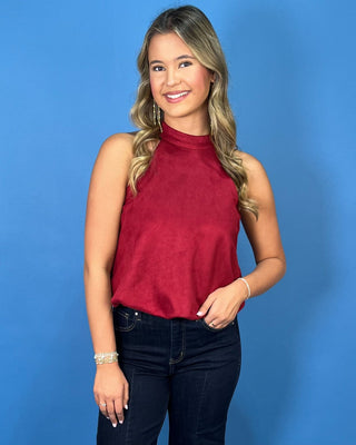 Ruby Reserve Suede High Neck Bubble Hem Halter Top - All About You