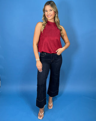 Ruby Reserve Suede High Neck Bubble Hem Halter Top - All About You