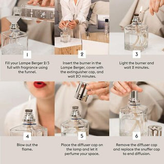 Step-by-step guide on using a Lampe Berger lamp with images and text instructions.