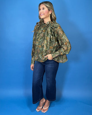 Sagewood Floral Ruffle Tie Neck Long Sleeve Top - All About You