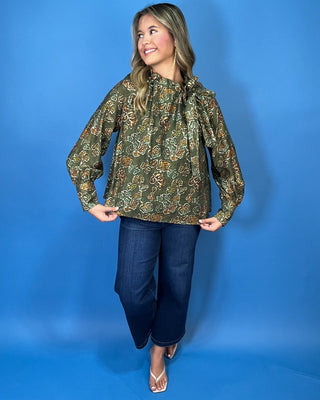Sagewood Floral Ruffle Tie Neck Long Sleeve Top - All About You