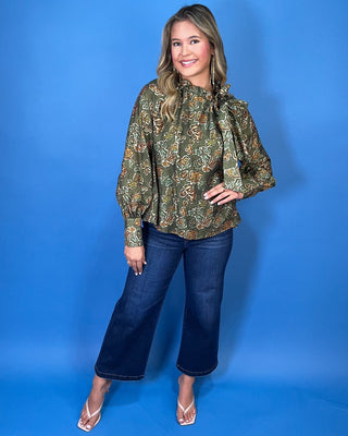 Sagewood Floral Ruffle Tie Neck Long Sleeve Top - All About You