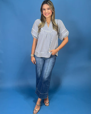 Sail Away Blue Stripe V-Neck Puff Sleeve Top - All About You