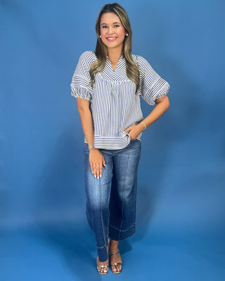 Sail Away Blue Stripe V-Neck Puff Sleeve Top - All About You