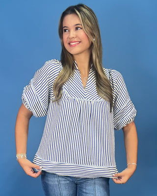 Sail Away Blue Stripe V-Neck Puff Sleeve Top - All About You