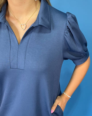 Sail Away Navy Collared Puff Sleeve Dress - All About You
