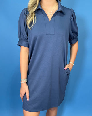 Sail Away Navy Collared Puff Sleeve Dress - All About You