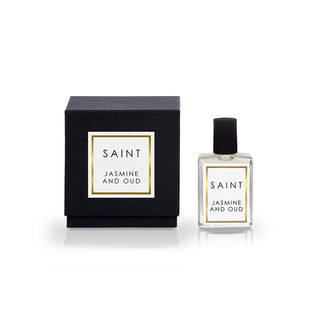 Perfume bottle and packaging of 'Saint Jasmine and Oud' on a white background