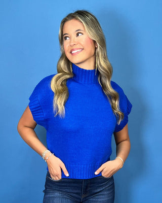 Saturday Stroll Royal Mock Neck Ribbed Trim Knit Sweater - All About You