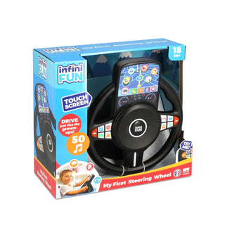 Toy steering wheel with touch screen in packaging on a white background