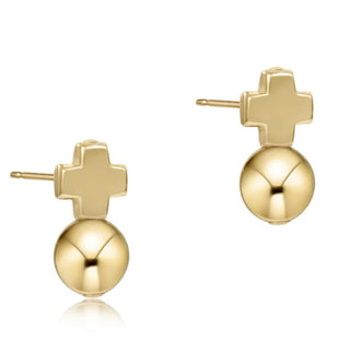 eNewton Signature Cross Gold Stud Earrings in classic gold featuring a polished gold ball with a cross accent and secure post backs, lightweight faith-inspired earrings displayed on an eNewton jewelry card.