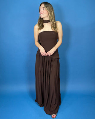 Sippin' Mocha Brown Tube Drop Waist Scarf Midi Dress - All About You