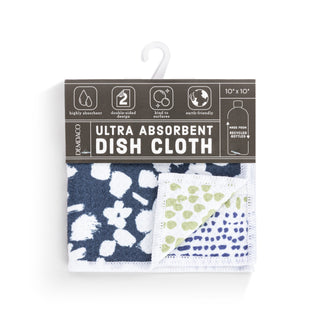Packaged ultra-absorbent dish cloth with floral and polka dot patterns on a white background