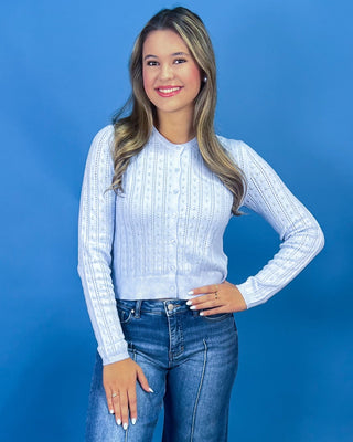 Soft Blue Pointelle Button Up Knit Cardigan Top - All About You