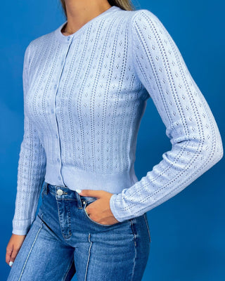 Soft Blue Pointelle Button Up Knit Cardigan Top - All About You