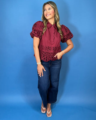 Sophisticated Burgundy Puff Sleeve Eyelet Top - All About You
