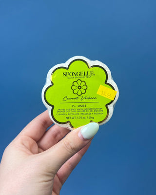 Spongellé Daisy Spongettes travel-sized body wash infused buffer available in multiple fragrances, featuring a flower-shaped