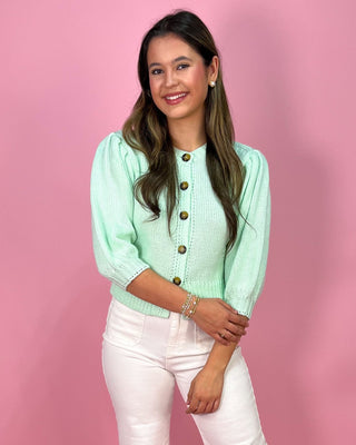 Subtle Seafoam Puff Sleeve Button - Up Cardigan - All About You