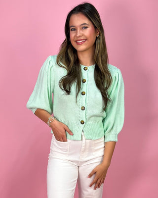 Subtle Seafoam Puff Sleeve Button - Up Cardigan - All About You