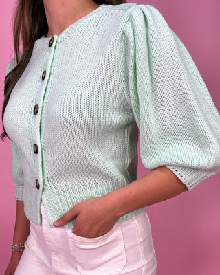 Subtle Seafoam Puff Sleeve Button - Up Cardigan - All About You