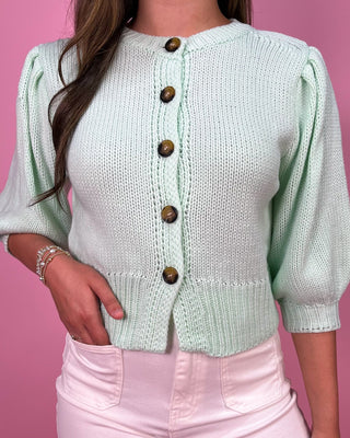 Subtle Seafoam Puff Sleeve Button - Up Cardigan - All About You