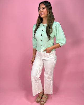 Subtle Seafoam Puff Sleeve Button - Up Cardigan - All About You