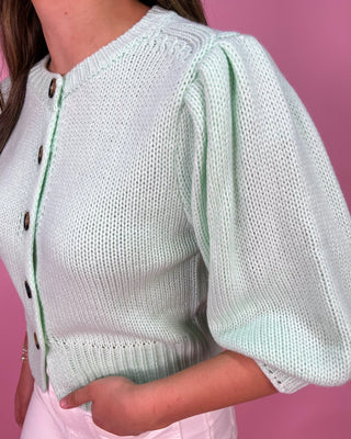 Subtle Seafoam Puff Sleeve Button - Up Cardigan - All About You