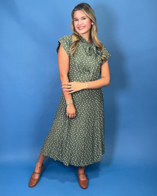 Sunday In The Garden Polka Dot Tie Neck Sage Midi Dress - All About You