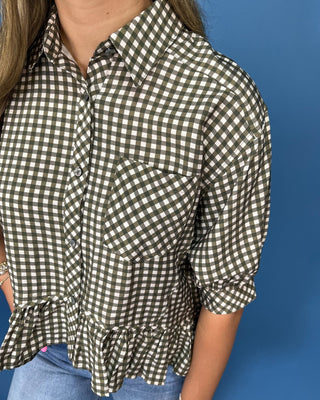 Sunday Market Deep Olive Gingham Ruffle Trip Top - All About You