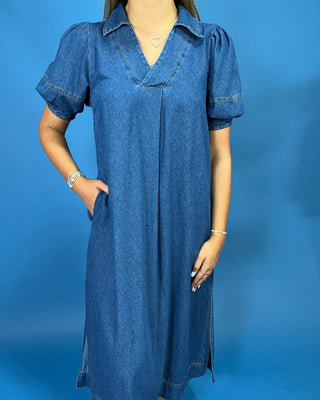 Sundown Denim V-Neck Puff Sleeve Midi Dress - All About You