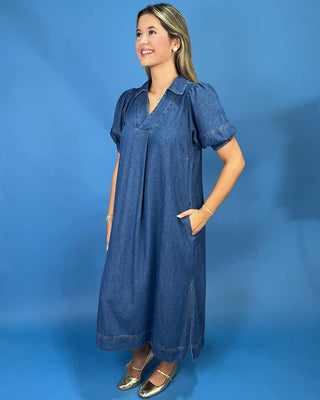 Sundown Denim V-Neck Puff Sleeve Midi Dress - All About You