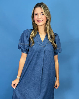 Sundown Denim V-Neck Puff Sleeve Midi Dress - All About You