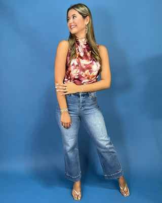 Sunset Bouquet Bubble Hem Satin Cowl Mauve Top - All About You