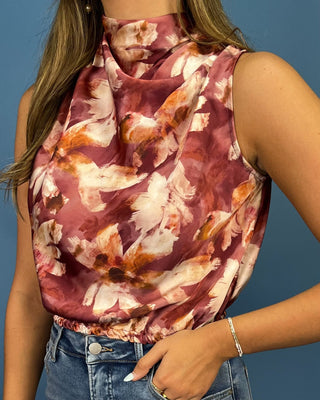 Sunset Bouquet Bubble Hem Satin Cowl Mauve Top - All About You
