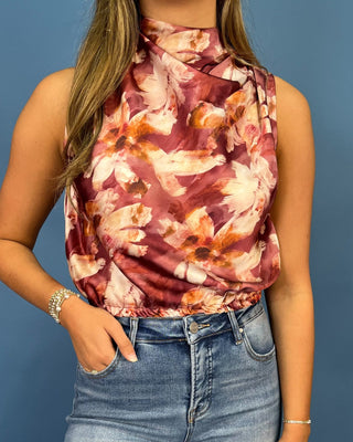 Sunset Bouquet Bubble Hem Satin Cowl Mauve Top - All About You