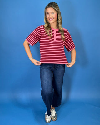 Sweet Berry Stripe Short Sleeve Henley Sweater - All About You