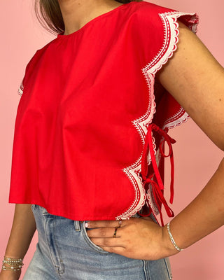 Sweet Charm Scalloped Detail Side Tie Red Top - All About You