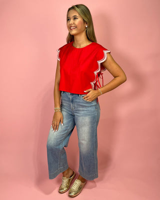Sweet Charm Scalloped Detail Side Tie Red Top - All About You