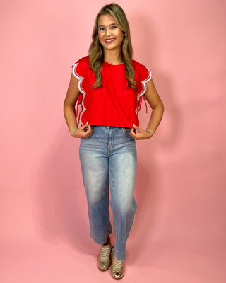 Sweet Charm Scalloped Detail Side Tie Red Top - All About You