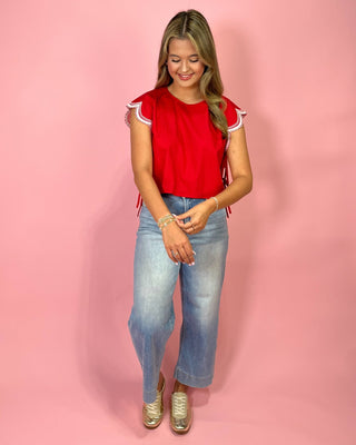Sweet Charm Scalloped Detail Side Tie Red Top - All About You