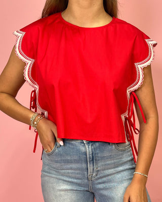 Sweet Charm Scalloped Detail Side Tie Red Top - All About You