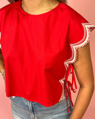 Sweet Charm Scalloped Detail Side Tie Red Top - All About You