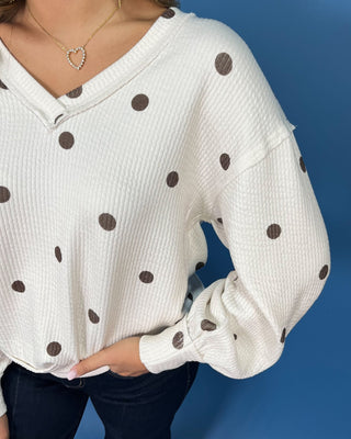 Sweet Cream Textured Ribbed Polka Dot Long Sleeve Top - All About You