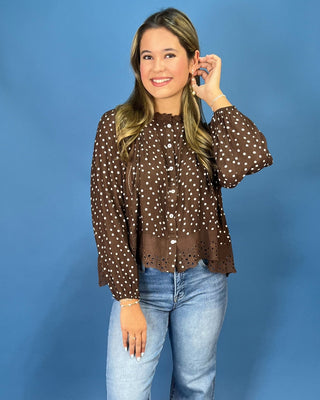 Sweet Mocha Lace Detail Button Up Polka Dot Top - All About You