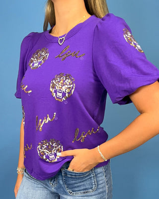 Tailgate Glam Sequin & Embroidery Puff Sleeve Top - All About You